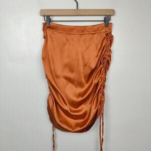 Kim‎ Shui Ruched Mini Skirt Womens Small NWT Bronze Orange Silk Stretch Satin